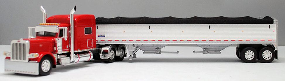 #60-1213 1/64 Red Peterbilt 389 70" Mid-Roof Sleeper with White Wilson Pacesetter 43' Low Sided Grain Trailer
