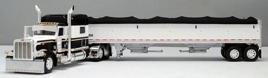 #60-1214 1/64 Black & White Peterbilt 389 70" Mid-Roof Sleeper with White Wilson Pacesetter 43' Low Sided Grain Trailer