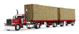 #60-1894 1/64 Viper Red Peterbilt Model 389 Single Axle Day Cab with Dual 28.5' Utility Flatbed Trailers with Hay Load