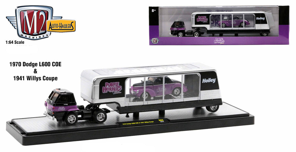 #360621 1/64 "Holley + Purple Hornies" 1970 Dodge L600 COE & 1941 Willys Coupe Hauling Set