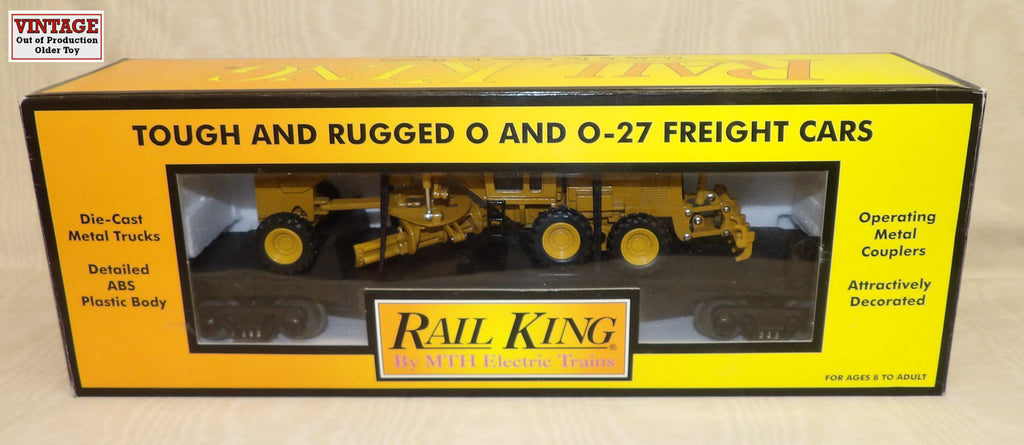 #30-7673 1/48 Rail King Flatcar with 1/50 Caterpillar Motor Grader, O Gauge