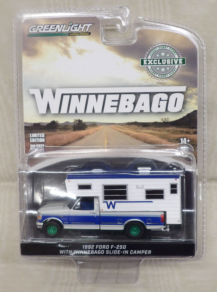 #30448GM 1/64 1992 Ford F-250 Long Bed with Winnebago Slide-In Camper, Green Machines Chase