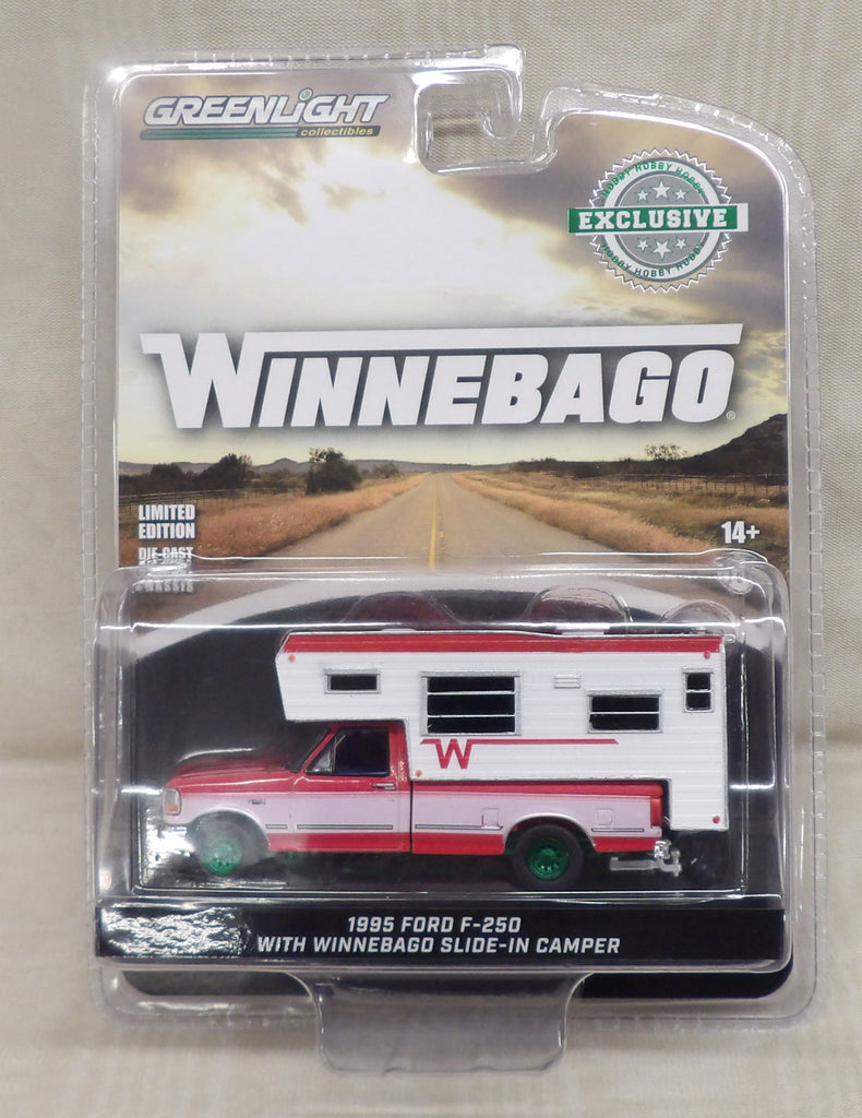 #30449GM 1/64 1995 Ford F-250 Long Bed with Winnebago Slide-In Camper, Green Machines Chase