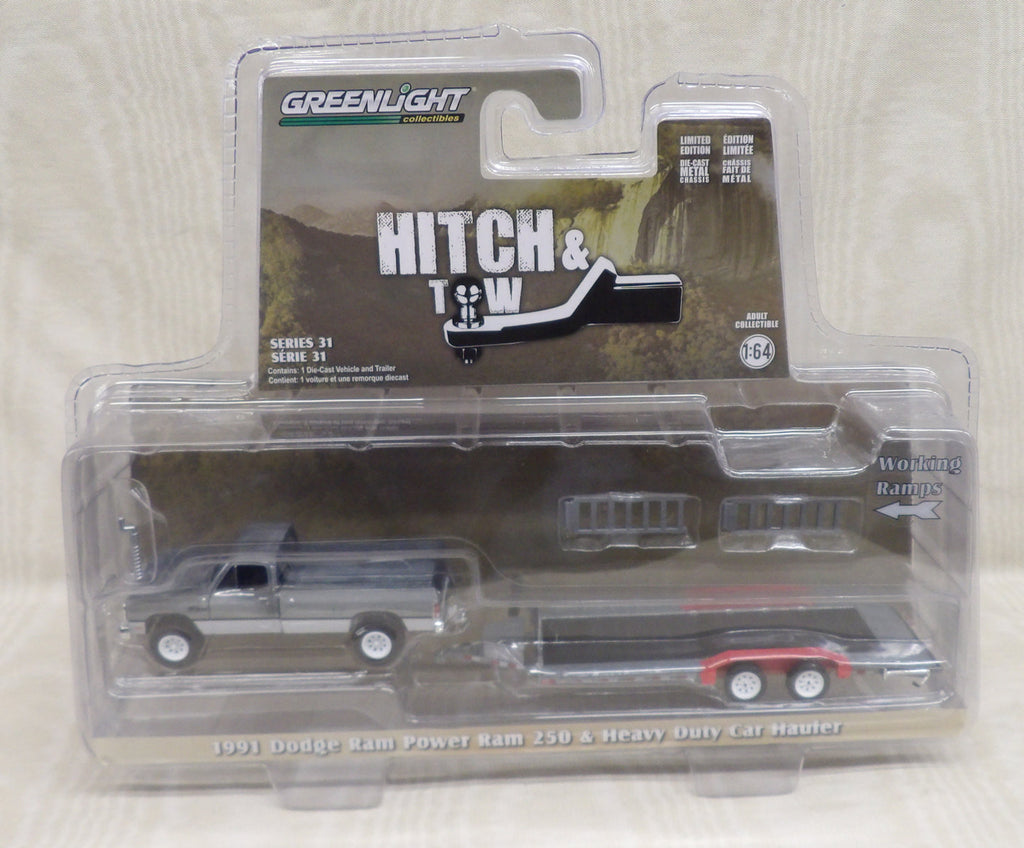 #32310-DC 1/64 1991 Dodge Ram Power Ram 250 with Heavy Duty Car Hauler Trailer - Raw Chase Version