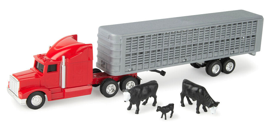 #47597 1/64 Red Peterbilt Semi with Livestock Trailer & Cattle