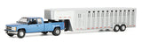 #51587-B 1/64 Light Stellar Blue 1998 Chevrolet Silverado 3500 Extended Cab Dually Pickup with Silver Vertical 3-Hole Gooseneck Livestock Trailer