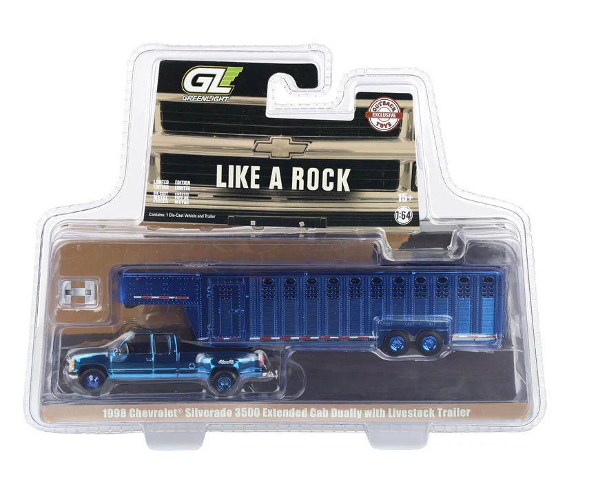 #51587-BC 1/64 1998 Chevrolet Silverado 3500 Extended Cab Dually Pickup with Vertical 3-Hole Gooseneck Livestock Trailer - Blue Chrome Chase