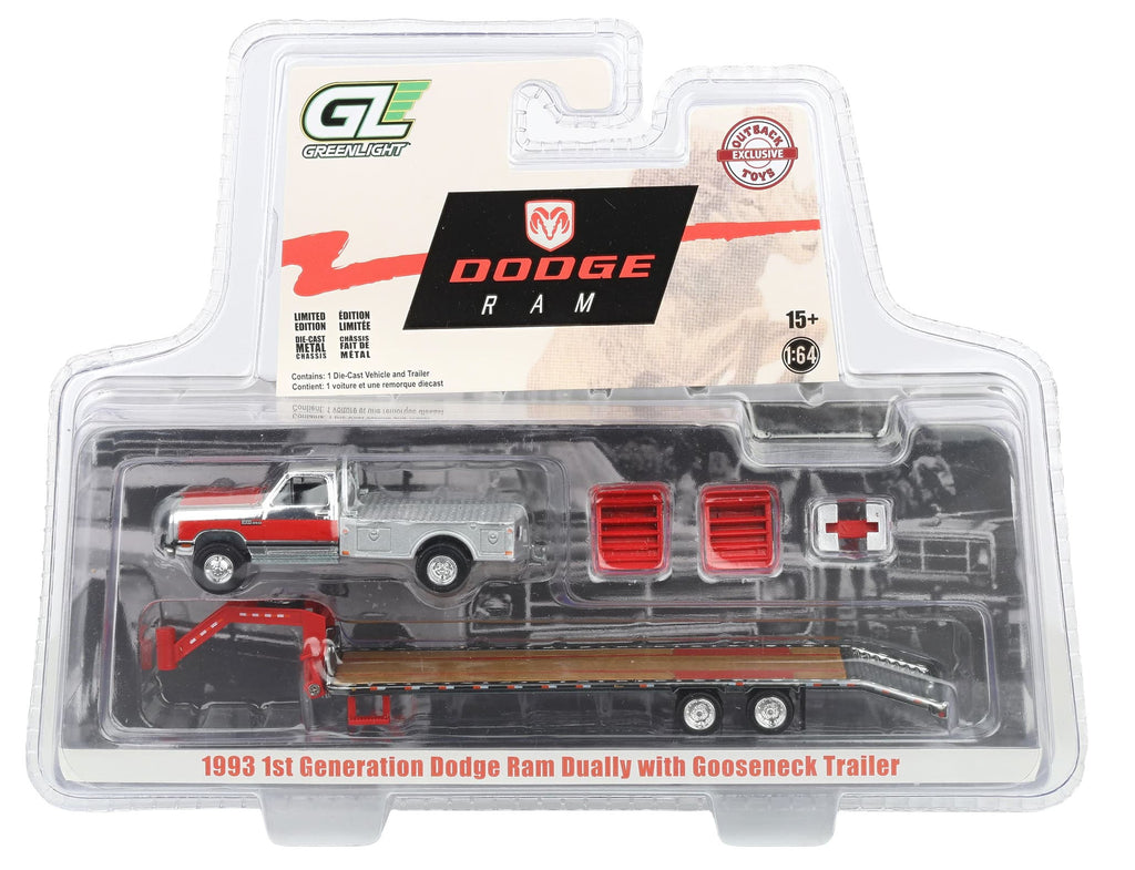 #51661-BC 1/64 1992 1st Gen Dodge Ram Dually Flatbed Truck with Gooseneck Flatbed Trailer - Silver Chrome Chase