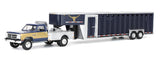 #51662-A 1/64 Navy & Gold 1992 1st Gen Dodge Ram Dually Flatbed Truck with Charcoal Vertical 3-Hole Gooseneck Livestock Trailer