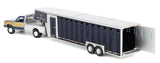 #51662-A 1/64 Navy & Gold 1992 1st Gen Dodge Ram Dually Flatbed Truck with Charcoal Vertical 3-Hole Gooseneck Livestock Trailer