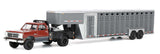 #51662-B 1/64 Maroon & Charcoal 1992 1st Gen Dodge Ram Dually Flatbed Truck with Charcoal Vertical 3-Hole Gooseneck Livestock Trailer