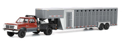#51662-B 1/64 Maroon & Charcoal 1992 1st Gen Dodge Ram Dually Flatbed Truck with Charcoal Vertical 3-Hole Gooseneck Livestock Trailer
