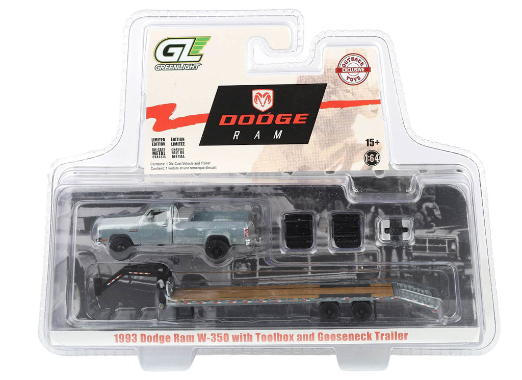 #51663-AR 1/64 1993 Dodge Ram W-350 Dually Pickup with Tool Box & Gooseneck Flatbed Trailer - Raw Metal Chase