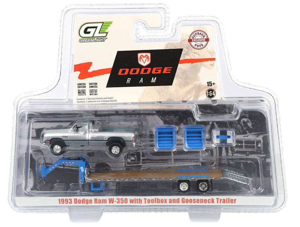 #51663-BR 1/64 1993 Dodge Ram W-350 Dually Pickup with Toolbox * Gooseneck Flatbed Trailer - Raw Metal Chase