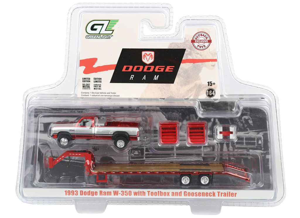 #51663-BC 1/64 1993 Dodge Ram W-350 Dually Pickup with Toolbox & Gooseneck Flatbed Trailer - Red & Silver Chrome Chase