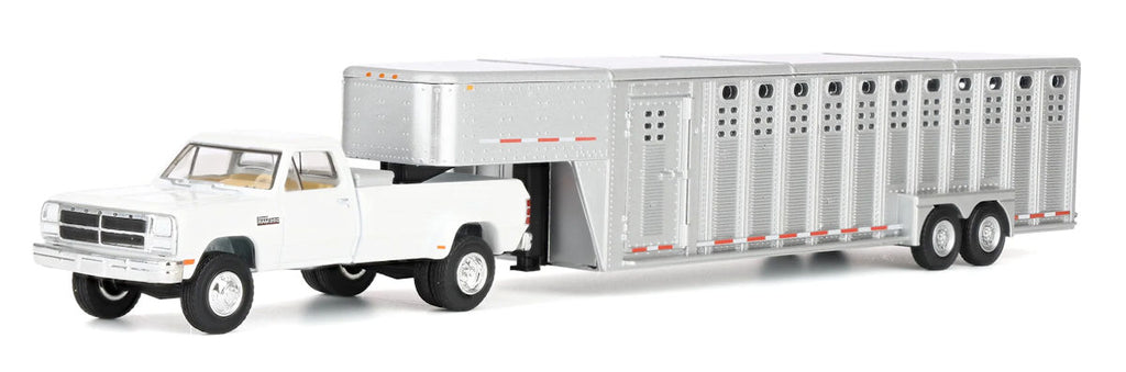 #51664-A 1/64 White 1992 dodge Ram W-350 Dually Pickup with Toolbox & Silver Vertical 3-Hole Gooseneck Livestock Trailer