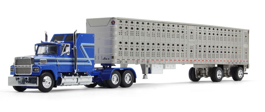 #60-1769 1/64 Blue & White Ford LTL 9000 with 60" Aerodyne Sleeper & Wilson PSAL Stockmaster Spread-Axle Livestock Trailer