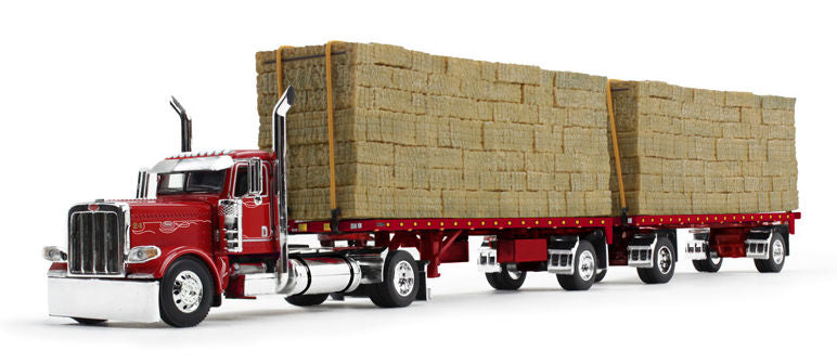 #60-1894 1/64 Viper Red Peterbilt Model 389 Single Axle Day Cab with Utility Dual 28.5' Flatbed Trailers with Hay Load