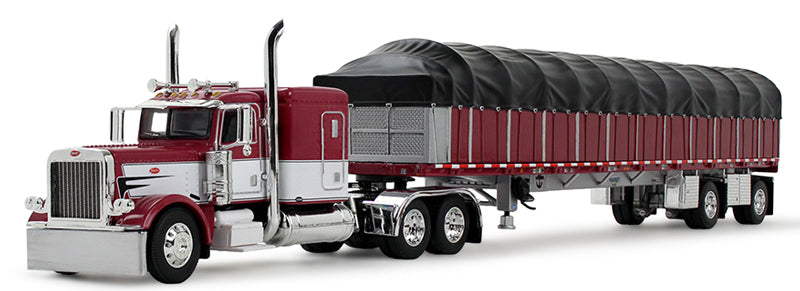 #60-2058 1/64 Maroon & White Peterbilt Model 389 with 63" Flat Top Sleeper & 53' Wilson Roadbrute Flatbed Spread-Axle Trailer with Covered Wagon
