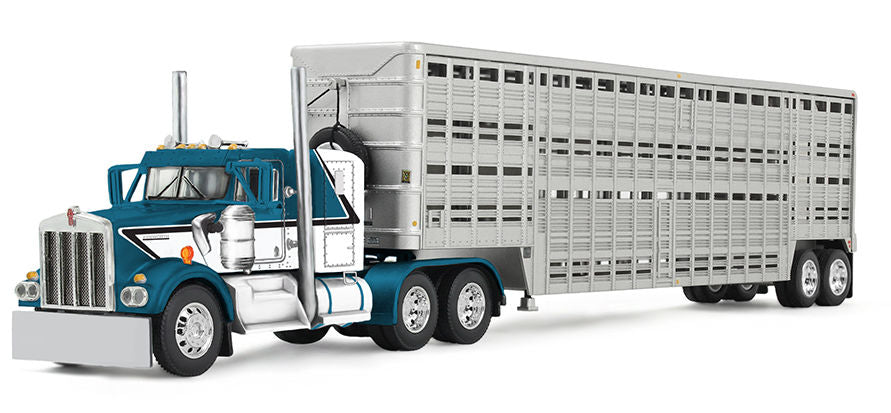 #60-2136 1/64 Mariner Blue & White Kenworth W900A with 36" Sleeper & Vintage 45' Wilson Tandem-Axle Livestock Trailer