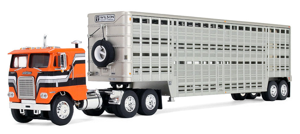 #60-2290 1/64 Orange & Black Freightliner COE with Vintage 45' Wilson Livestock Trailer