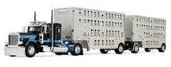 #60-2341 1/64 Black & Cyan Peterbilt Model 389 with 36" Flat Top Sleeper & 28' Wilson Silverstar Double Livestock Trailers