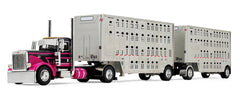 #60-2342 1/64 Black & Magenta Peterbilt Model 389 Day Cab & 28' Wilson Silverstar Double Livestock Trailers
