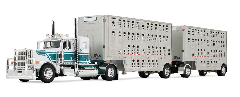 #60-2343 1/64 White & Dark Teal Peterbilt Model 389 with 36" Flat Top Sleeper & 28' Wilson Silverstar Double Livestock Trailers