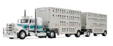#60-2343 1/64 White & Dark Teal Peterbilt Model 389 with 36" Flat Top Sleeper & 28' Wilson Silverstar Double Livestock Trailers