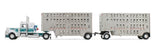 #60-2343 1/64 White & Dark Teal Peterbilt Model 389 with 36" Flat Top Sleeper & 28' Wilson Silverstar Double Livestock Trailers
