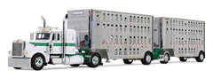 #60-2433 1/64 White & Green Peterbilt Model 389 with 36" Flat Top Sleeper & 28' Wilson Silverstar Double Livestock Trailers