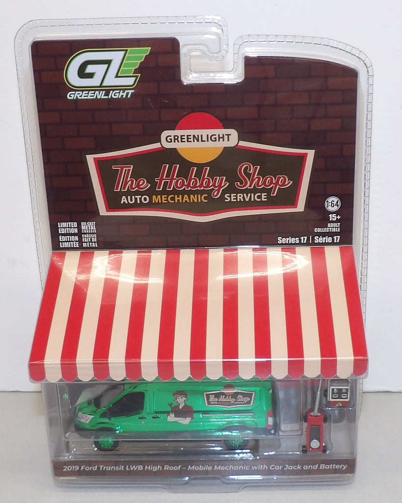#97170-EG 1/64 Hobby Shop 2019 Ford Transit LWB High Roof Van with Car Jack & Battery Charger- Green Chrome Chase