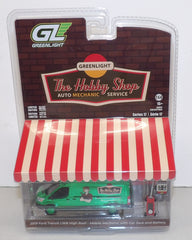 #97170-EG 1/64 Hobby Shop 2019 Ford Transit LWB High Roof Van with Car Jack & Battery Charger- Green Chrome Chase