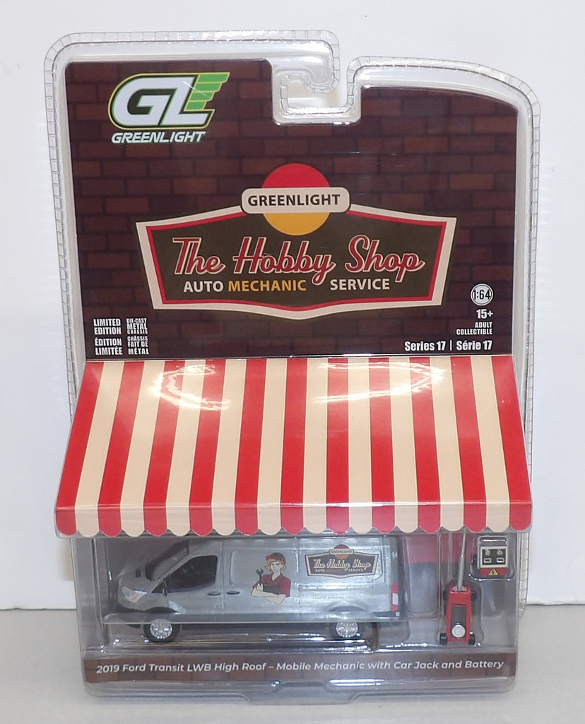 #97170-ER 1/64 Hobby Shop 2019 Ford Transit LWB High Roof Van with Car Jack & Battery Charger - Raw Metal Chase