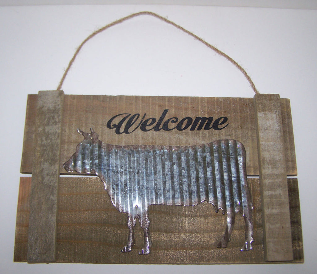 #30043538 Wood Sign with Metal Cow Pattern