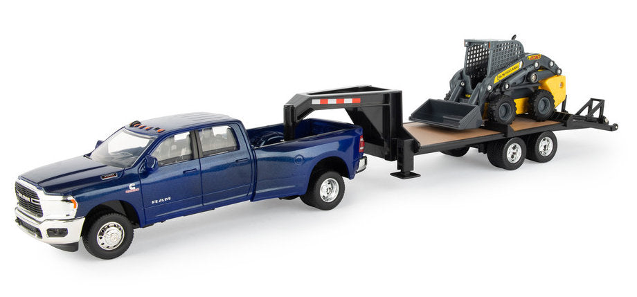 #47269 1/32 Dodge Ram 3500 Dually Crew Cab with Gooseneck Flatbed Trailer & New Holland L230 Skid Steer