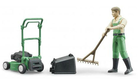 Bruder Bworld Gardener Figure With Lawnmower & Tools | Movable Limbs For Imaginative Play